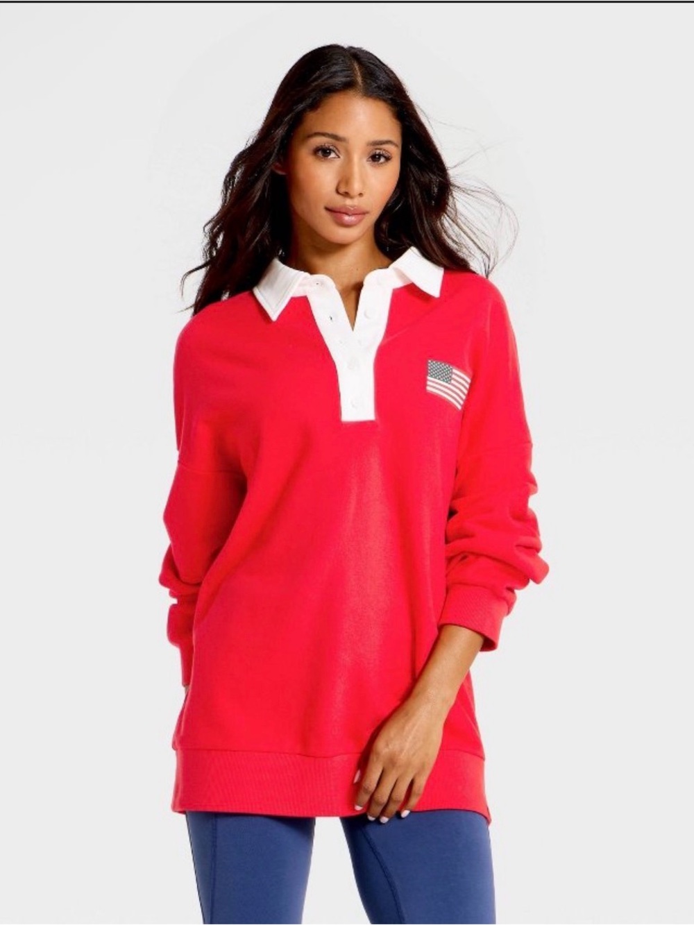 JoyLab Red V-Neck Rugby Sweater with White Contrast Collar - Picture 1 of 5